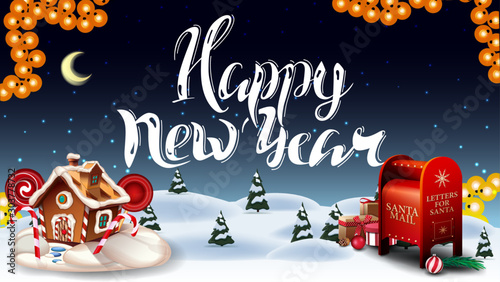 Happy New Year, greeting postcard with cartoon winter forest, starry sky, garland, beautiful lettering, Santa letterbox with presents and Christmas gingerbread house