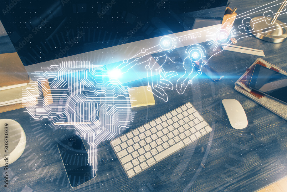Double exposure of table with computer and brain hologram. Data innovation concept. Double exposure of table with computer and brain hologram. Data innovation concept.