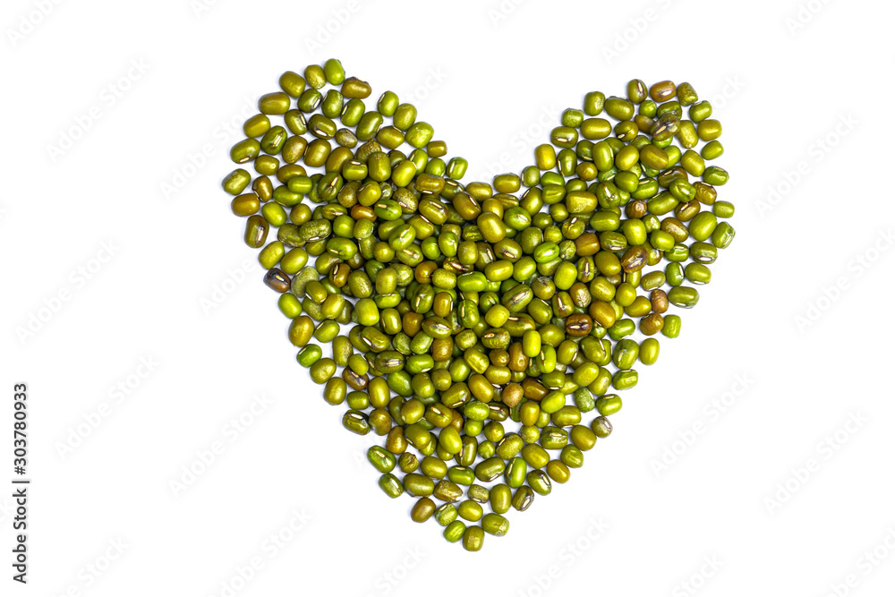 Pile of Mung beans isolated on white background, heart-shaped