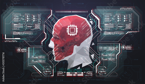 AI, future concept with futuristic HUD elements. Face Recognition. Cyber artificial intelligence, Robot face. Virtual assistant HUD user display technology.
