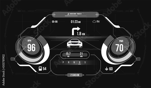 car HUD dashboard. Abstract virtual graphic touch user interface. concept of smart car technology. HUD vehicle interface with navigation mode.