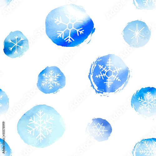 Seamless winter pattern of artistic blue snowflakes with watercolor texture. Stock vector set. For printed materials, prints, posters, cards, logo. Holiday background. Hand drawn decorative elements