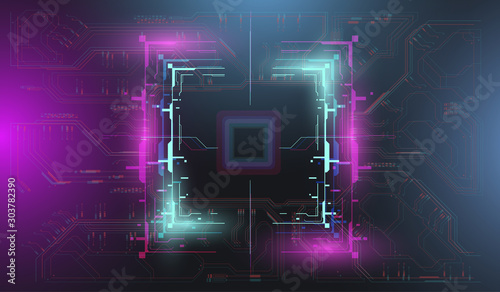 Futuristic Vector HUD Interface Screen Design. rectangle frame glowing in blue and pink colors on computer circuit background. Vector illustration sci fi virtual tech display