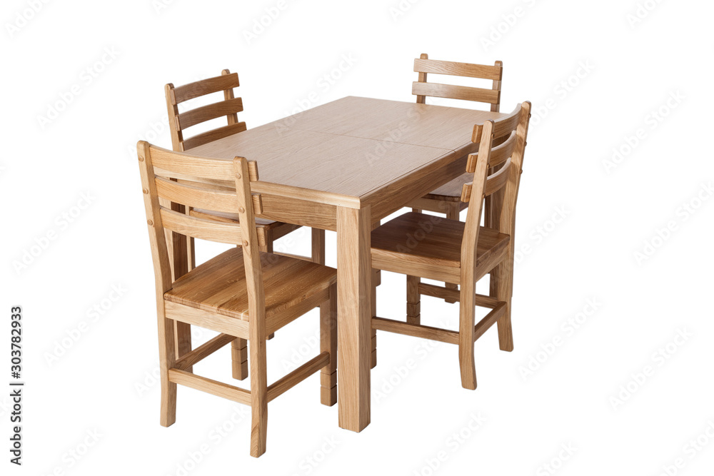 Φωτογραφία A set of kitchen furniture made of natural wood, a dining table and four chairs, isolated on the white background