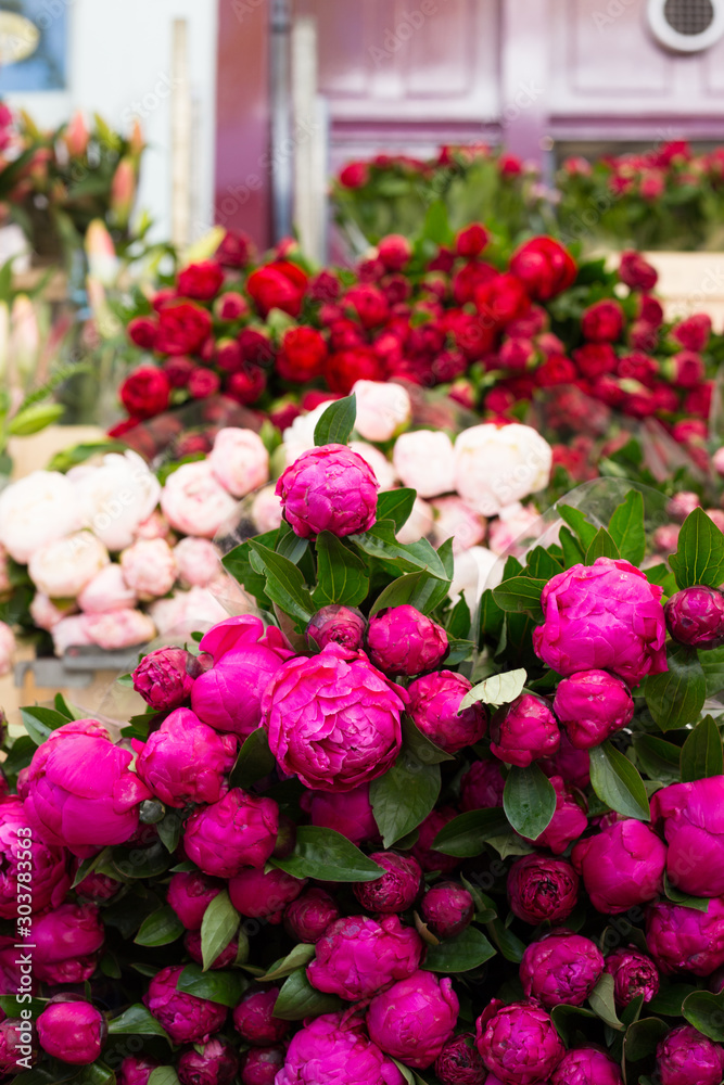 Peony stall in Columbia Road sunday flower market in London Hackney. Bunches of red and pink peonies fresh from the garden.