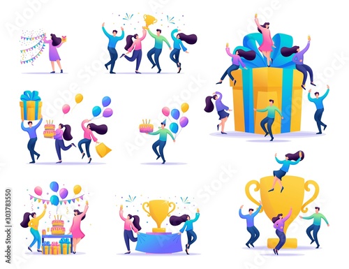 Set of concepts of celebrating the people, to celebrate a birthday, celebrate a party, enjoy the victory, to achieve success