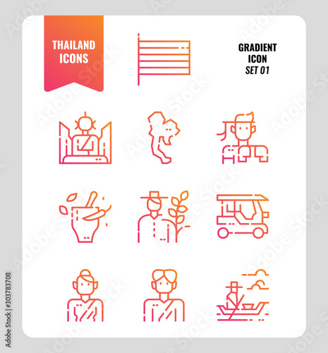 Thailand icon set 1. Include flag, map, people, transportation and more. Gradient icons Design. vector