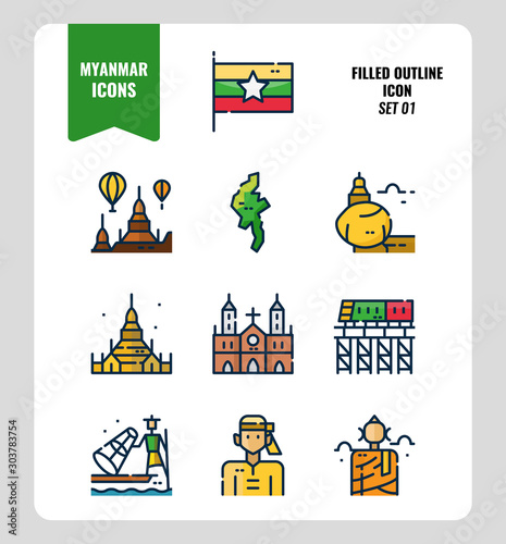 Myanmar icon set 1. Include flag, landmark, people, culture and more. Filled Outline icons Design. vector photo