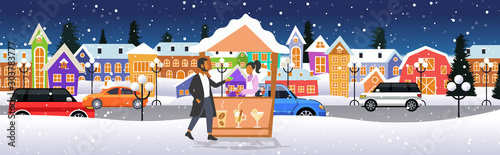 man buying mulled wine in hot drinks stall with female seller christmas market winter fair concept happy new year merry xmas holidays cityscape background full length sketch horizontal vector