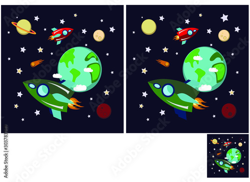 Children's puzzles, find 10 differences. Educational game for children.rocket in space. space world. astronaut in space. Vector illustration