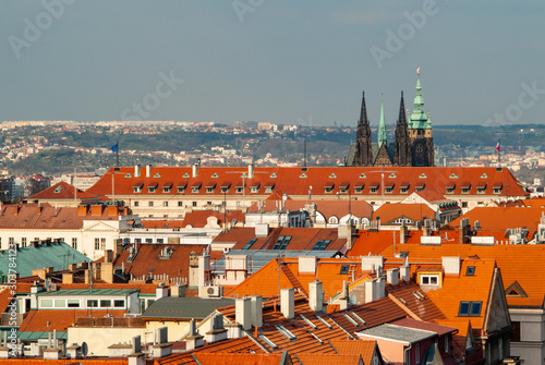 View to Prague city, Saint Vitus cathedral and Vltava river