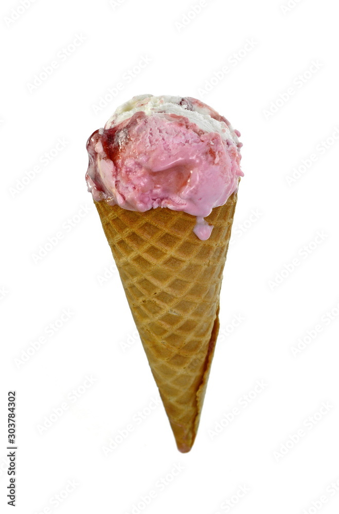 Strawberry ice cream in waffle cone isolated on white background. Strawberry ice cream in waffle cone isolated on white background.