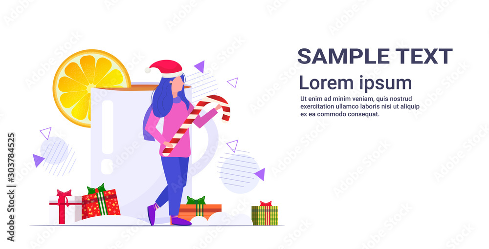 girl holding candy cane lollipop standing near christmas drink mulled wine winter holidays celebration concept horizontal copy space full length vector illustration