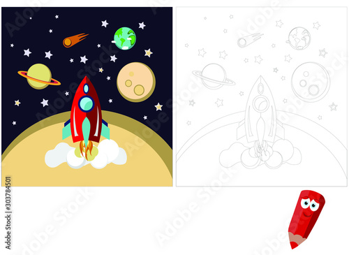 Coloring pages for children. Coloring book. Children's puzzles. Educational game for children. rocket in space. space world. astronaut in space. Vector illustration