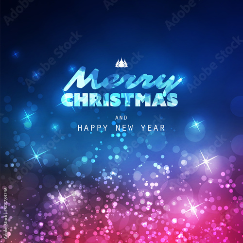 Colorful Happy Holidays, Merry Christmas Greeting Card With Label on a Sparkling Blurred Background