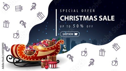 Special offer, Christmas sale, up to 50% off, beautiful white and blue discount banner with Santa Sleigh with presents and Christmas line icons, space imagination