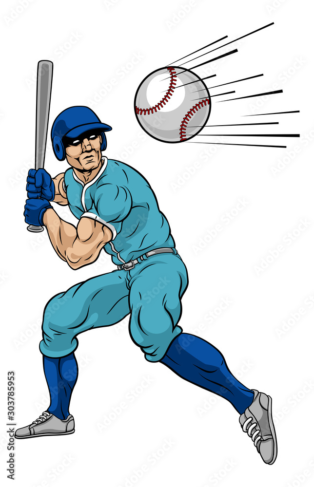 A baseball player cartoon mascot swinging a bat at a fast ball