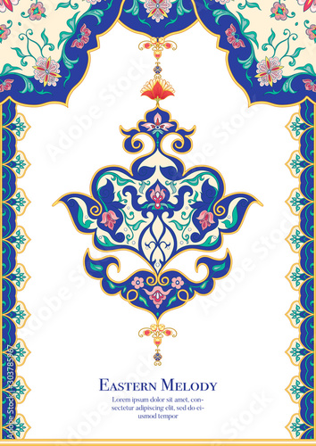 Eastern ethnic motif, traditional muslim ornament. Template for wedding invitation, greeting card, banner, gift voucher, label. Vector illustration