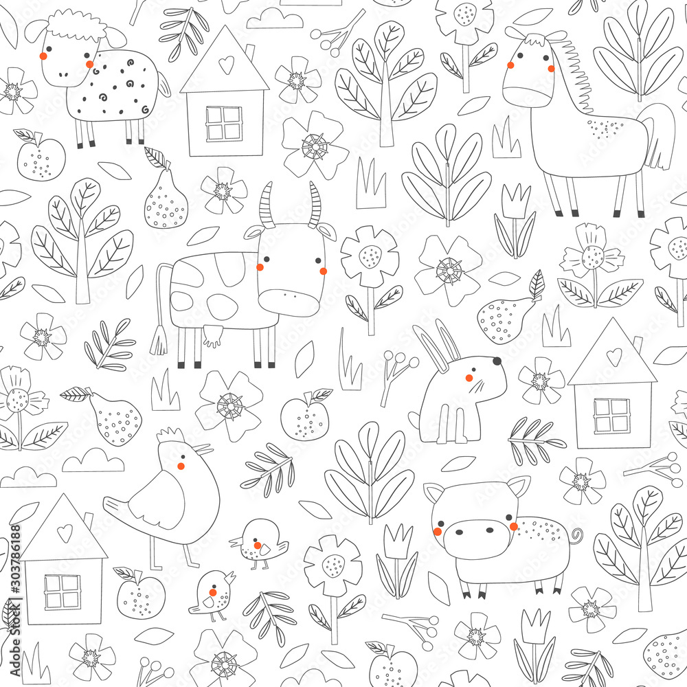 Сontour seamless pattern with farm animals Сontour seamless pattern with farm animals