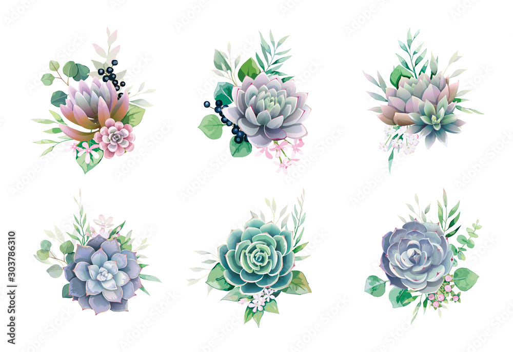 Greenery and succulent, romantic bouquets for wedding invite or greeting card. element set.