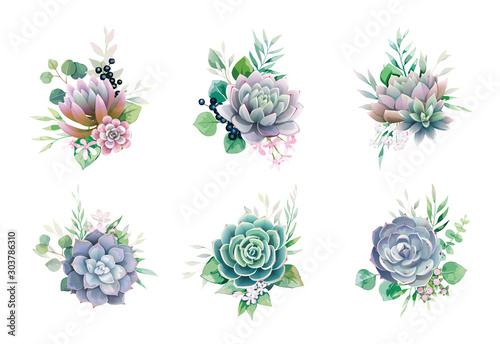 Greenery and succulent  romantic bouquets for wedding invite or greeting card. element set.
