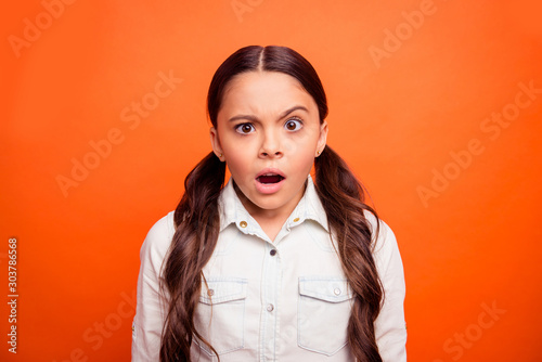 No way. Portrait of impressed kid hear unbelievable news look scream omg cant believe wear casual style outfit isolated shine color background