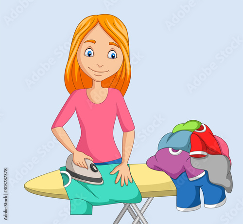 Young woman ironing clothes