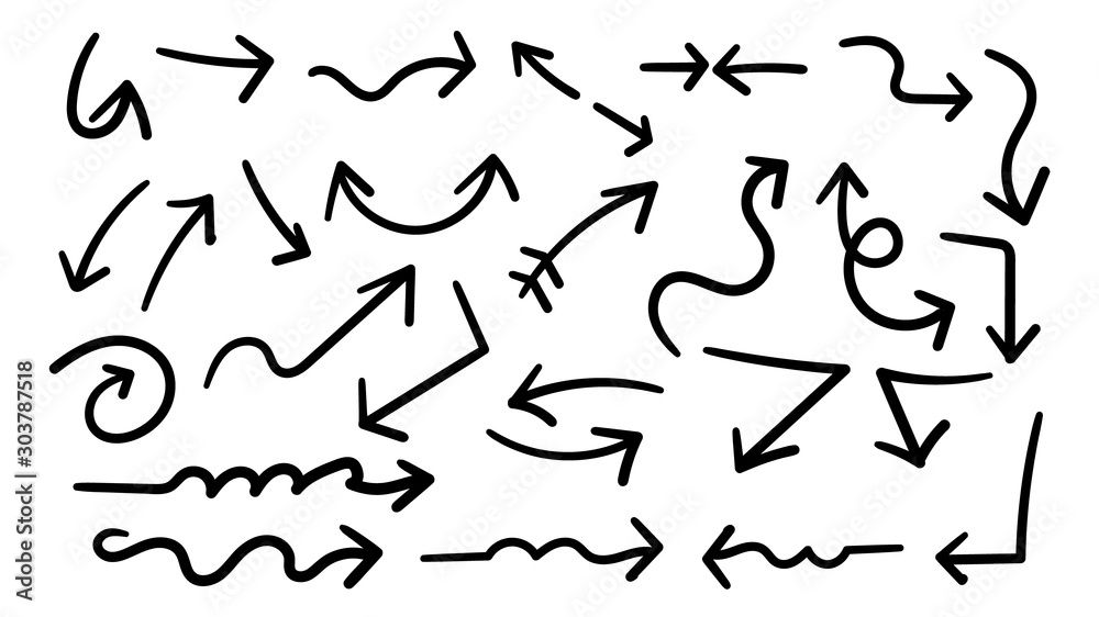 Arrows hand drawn doodle vector set. Sketch arrow design for application, banner, print screen, pen marks, map and typography design guide line.