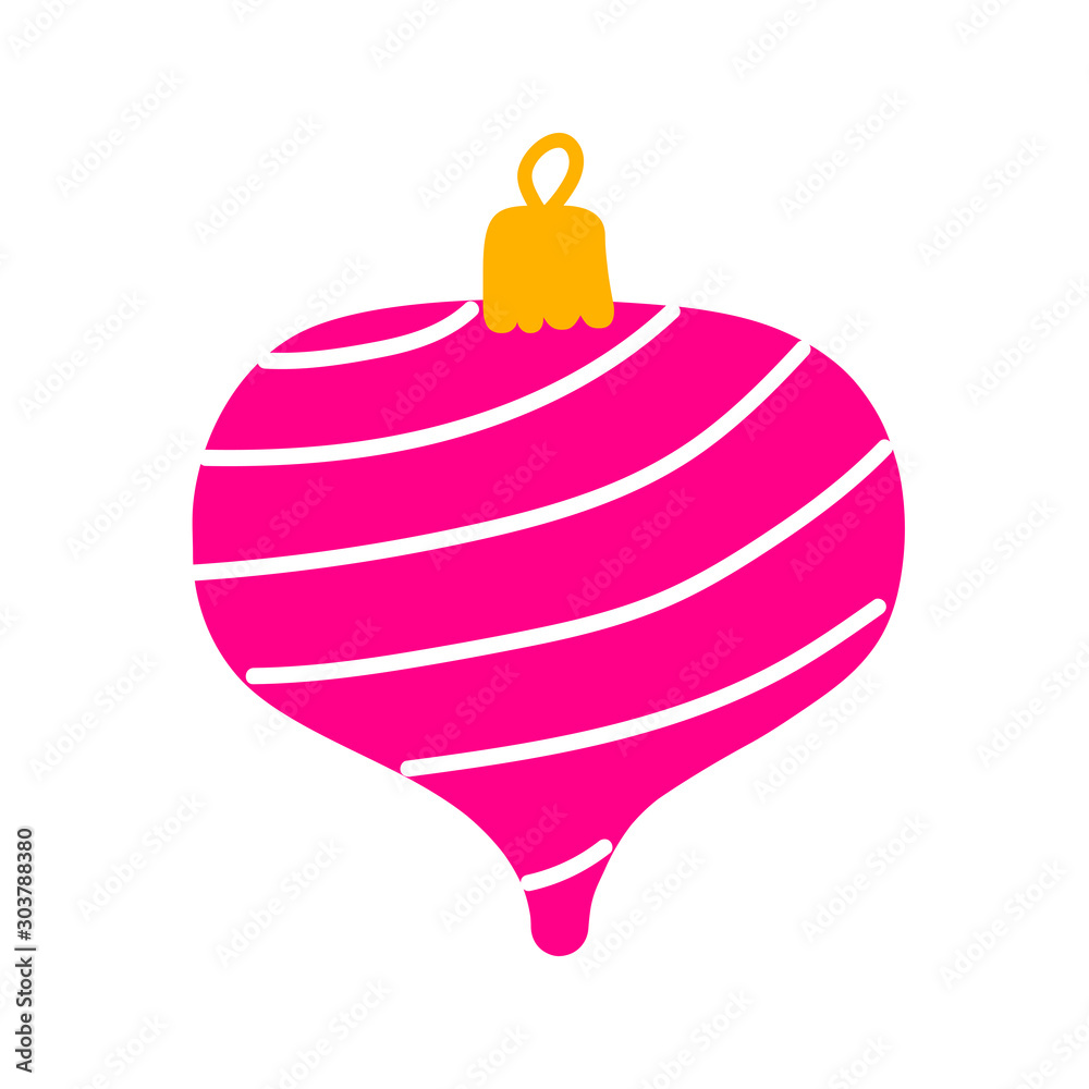 Obraz premium Christmas ball Isolated on a white background. Pink Christmas decoration with stripes. Vector festive New Year illustration. Cute winter holidays symbol hand-drawn in a minimalistic Scandinavian style