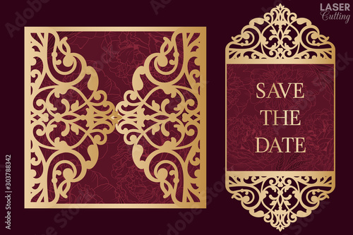 Laser cut wedding invitation card template vector. Cutout paper gate fold card for laser cutting or die cutting template. Wedding invitation mockup. Suitable for greeting cards, invitations, menus.