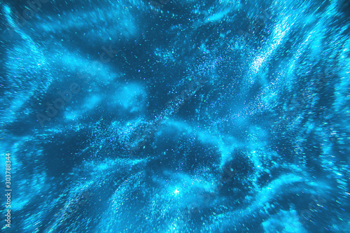 Abstract elegant, detailed blue glitter particles flow with shallow depth of field underwater. Holiday magic shimmering underwater space luxury background. Festive sparkles and lights. de-focused
