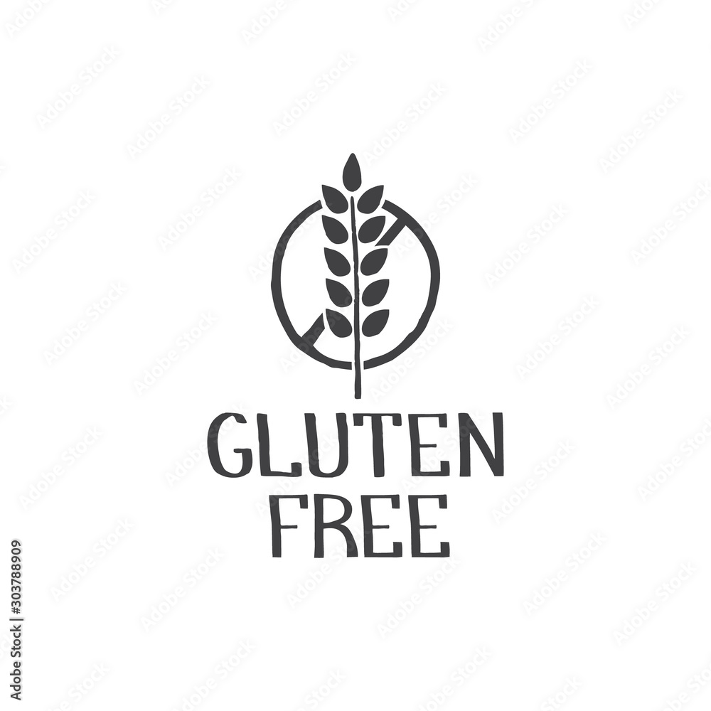 Gluten free- hand drawn isolated logo element with wheat ear and stop sign. Unique design for signboards, food packaging and identity and web sites. Logotypes created with rough effect. Vector illustr