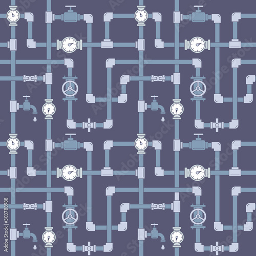 Seamless pattern with pipes, cranes and water meters. Linear colored illustration. Blue backdrop. Plumbing system vector illustration.