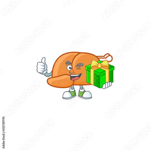 Mascot a holding gift in cartoon roast turkey