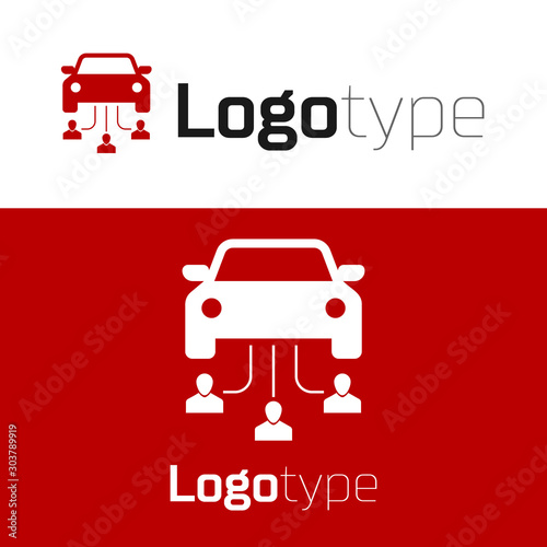 Red Car sharing with group of people icon isolated on white background. Carsharing sign. Transport renting service concept. Logo design template element. Vector Illustration