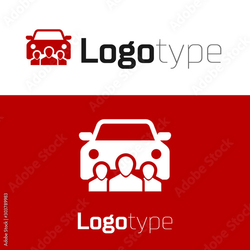 Red Car sharing with group of people icon isolated on white background. Carsharing sign. Transport renting service concept. Logo design template element. Vector Illustration
