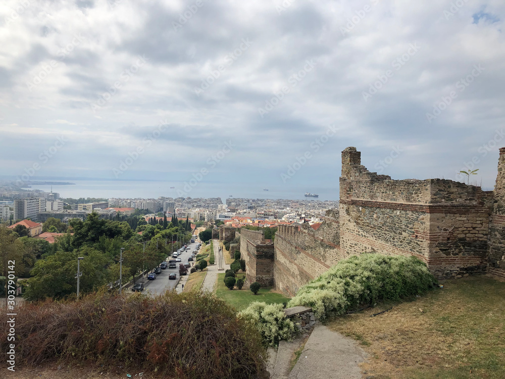 View of Thessaloniki from an ancient town wall on a hill, Greece