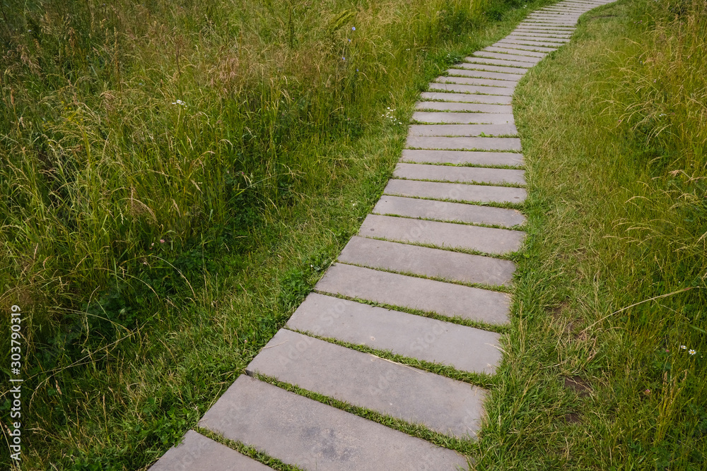 Concrete walkway in the park on green grass