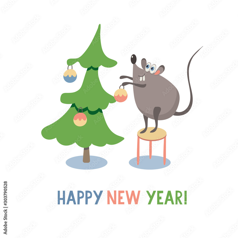Poster with a cute rat  decorating a Christmas tree. Symbol of the new year 2020.  Happy New Year lettering. Vector illustration isolated on white background.