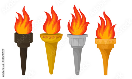 Different Torches With Brightly Burning Fire Vector Set photo