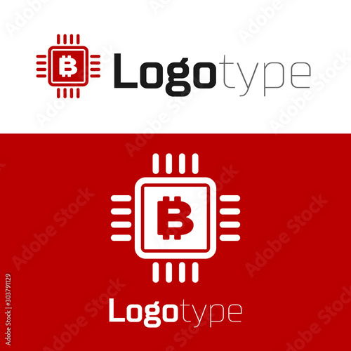 Red CPU mining farm icon isolated on white background. Bitcoin sign inside microchip. Cryptocurrency mining community. Digital money. Logo design template element. Vector Illustration