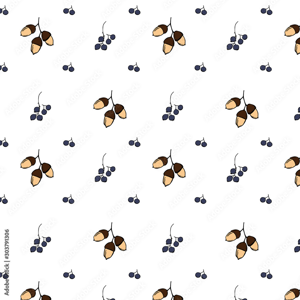 Elegant seamless autumn pattern with blue berries and acorns on white background. Elegant seamless autumn pattern with blue berries and acorns on white background.