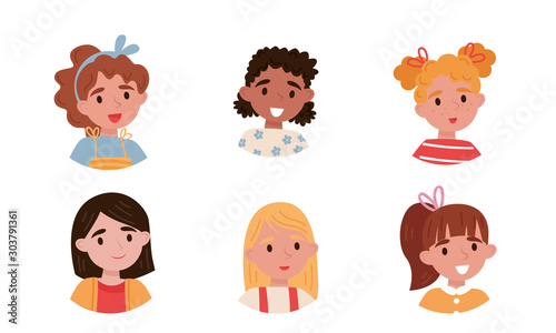Lovely Girls Faces With Different Hairstyles Vector Set