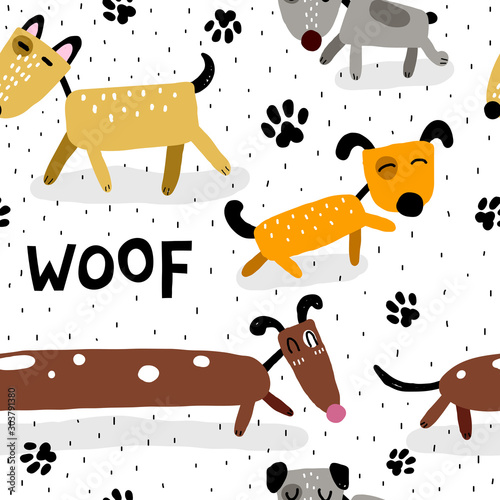 Seamless pattern with cartoon dogs, lettering, decor elements. Colorful flat vector for kids. hand drawing. baby design for print, fabric, textile, wrapper.