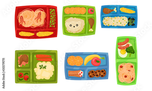 Lunch Box with Different Food Inside Vector Set