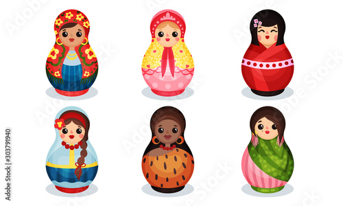 Nesting Dolls in Colorful Costumes of Different Countries Vector Set