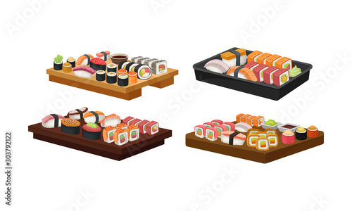 Delicious Oriental Takeaway Sushi Set on Wooden Plank Vector Set