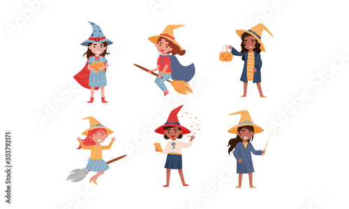 Little Girl Witch Sitting on the Broom and Practicing Wand Movements Vector Illustrations
