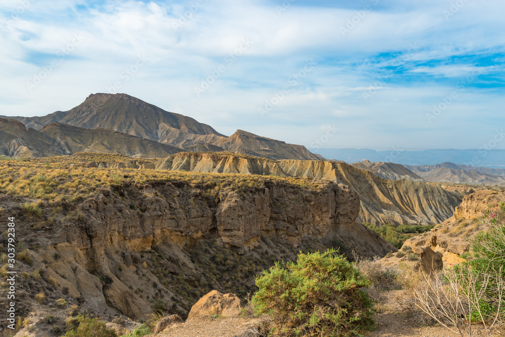 Tabernas Desert National Nature Reserve, also known as the Almeria Desert. Province of Almeria, Andalusia, Spain. Panorama.