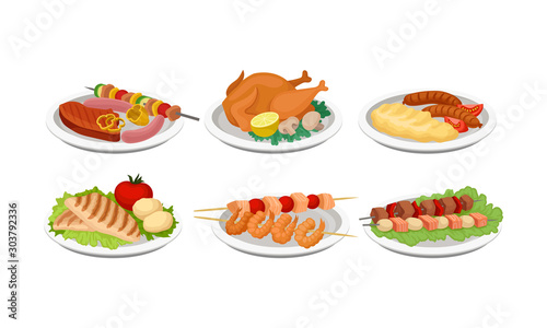 Grilled Food Vector Set. Barbeque Meat and Fish Collection